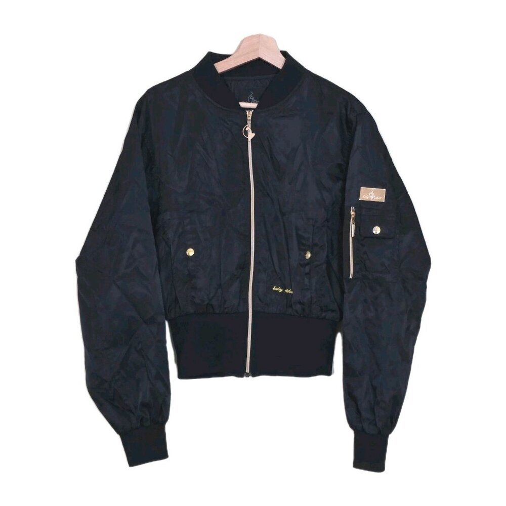 Vintage Baby Phat Bomber Jacket Womens L Black LS Gold Tone Details Baddie Y2K
